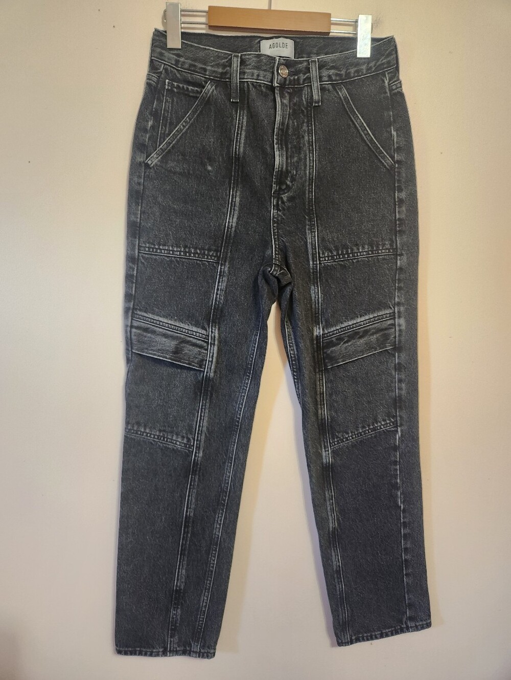 AGOLDE Cooper Cargo Straight Leg Jeans Panther Washed Black High Rise Size 26